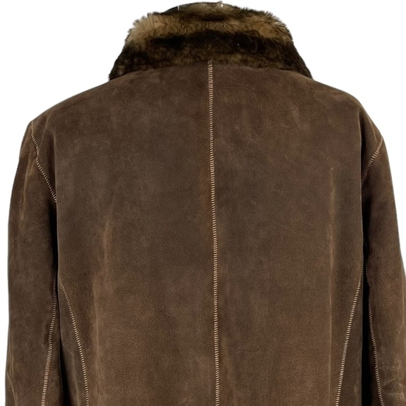 NEW YORK & CO PENNY LANE STYLE BROWN SUEDE LEATHER BUTTON DOWN FAUX FUR JACKET - Picture 10 of 14